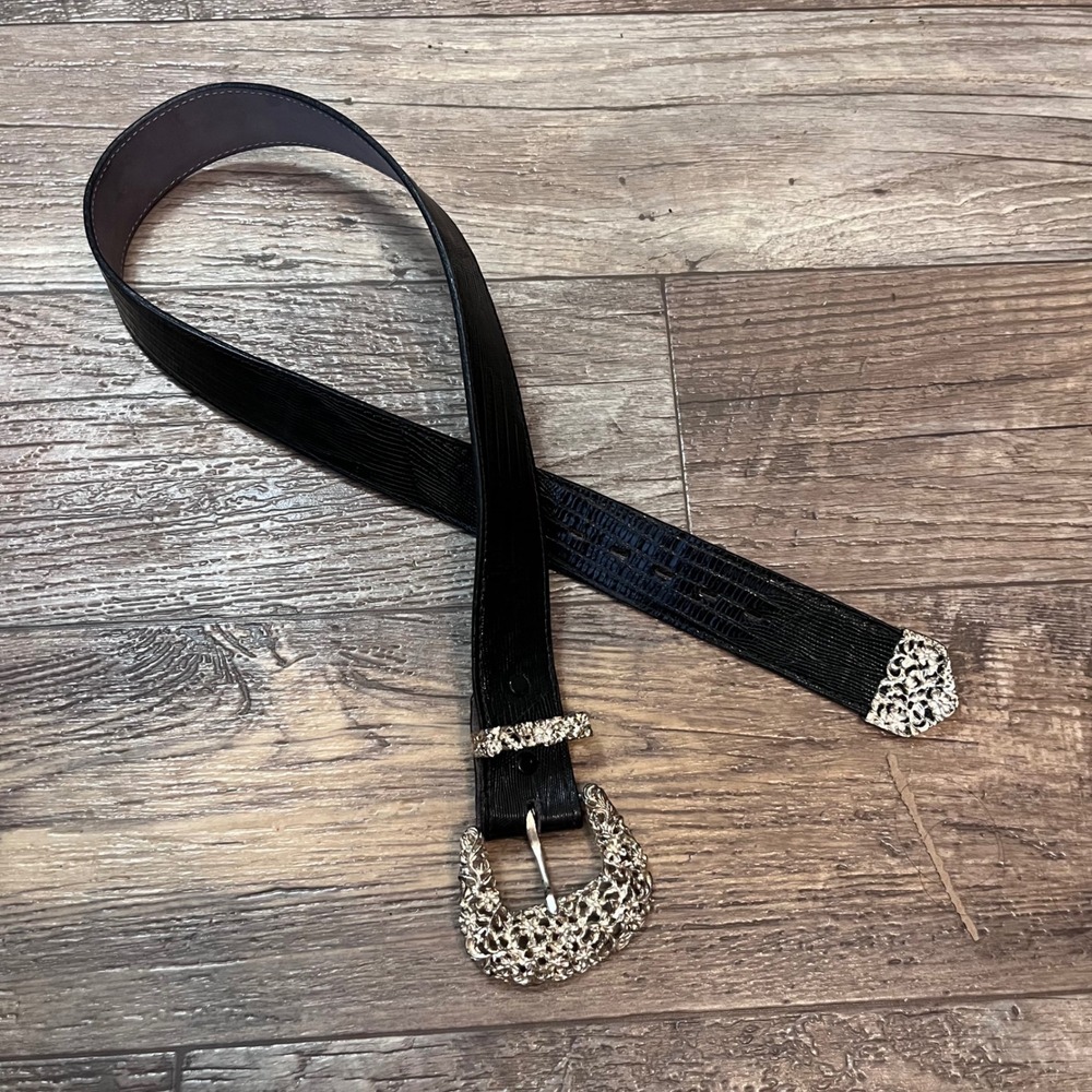Justin Black Genuine‎ Lizard Leather Western Belt Silver Filigree 30 252B